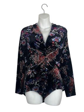 Unique Vintage Velvet Paisley Floral Draped Boho Bodysuit Top Size XL